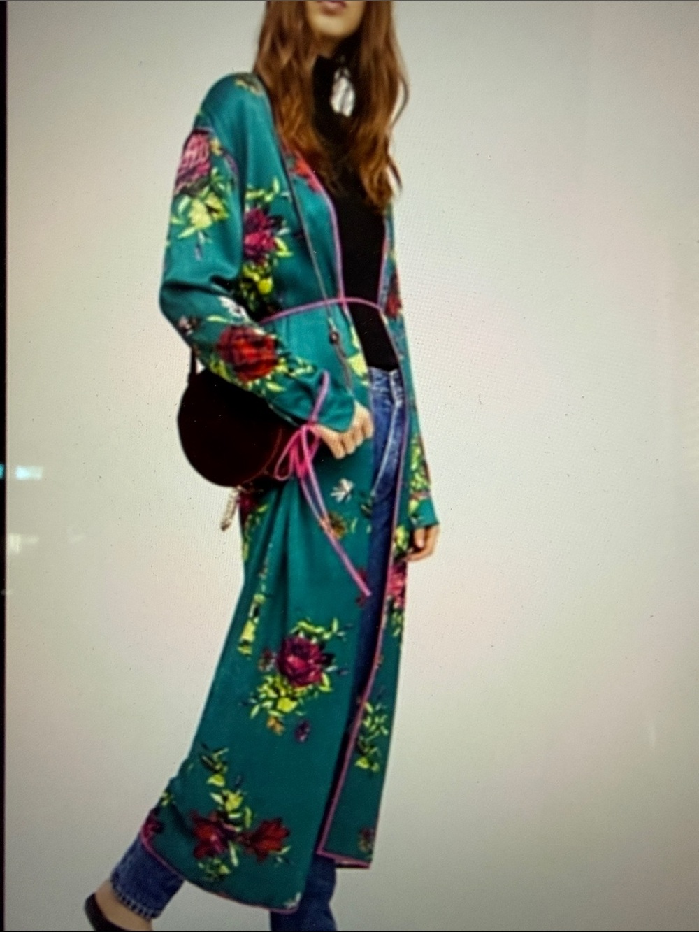 Free People Maxi Green Floral Duster Kimono with Pink Accents Sz. L